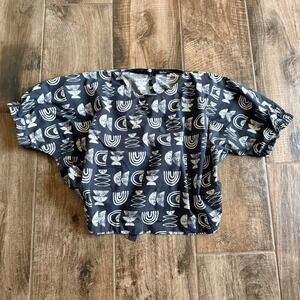 Tiche Women's Lagenlook Geometric Dolman Sleeve Tie Back Blouse, Black,M/40